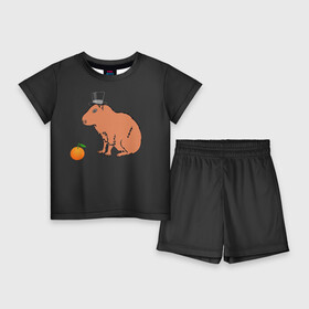 Детский костюм с шортами 3D с принтом Капибара в цилиндре в Екатеринбурге,  |  | capybara | апельсин около капибары | капибара в шляпе | капибара мем | капибара с апельсином | морская свинка | покерфейс капибара | цилиндр