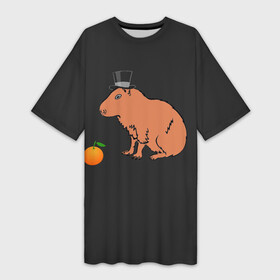 Платье-футболка 3D с принтом Капибара в цилиндре в Екатеринбурге,  |  | capybara | апельсин около капибары | капибара в шляпе | капибара мем | капибара с апельсином | морская свинка | покерфейс капибара | цилиндр