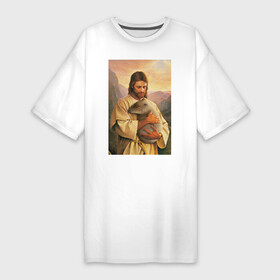 Платье-футболка хлопок с принтом Иисус и капибара в Екатеринбурге,  |  | Тематика изображения на принте: capybara | животные | звери | иисус | капибара | мем