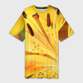 Платье-футболка 3D с принтом Оранжево желтая лилия в Екатеринбурге,  |  | дача | желтый | красота | лепесток | лето | лилия | огород | опыление | оранжевый | пестик | природа | растение | сад | тычинка | участок | фазенда | цветение | цветовод | цветоводство | цветок | цветы
