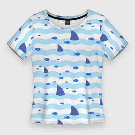 Женская футболка 3D Slim с принтом Волны, рыбки и плавники акул  паттерн в Екатеринбурге,  |  | fin | fish | pattern | shark | wave | акула | волна | паттерн | плавник | рыба