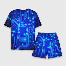 Мужской костюм с шортами 3D с принтом Цветная микросхема в Екатеринбурге,  |  | beautiful | blue | chip | color | luminous board | neon | wiring diagram | красивый | неон | светящаяся плата | синий | цветной | чип | электросхема