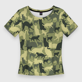 Женская футболка 3D Slim с принтом Кошачий камуфляж в зеленой гамме в Екатеринбурге,  |  | camouflage | камуфляж | коты | маскировка | паттерн