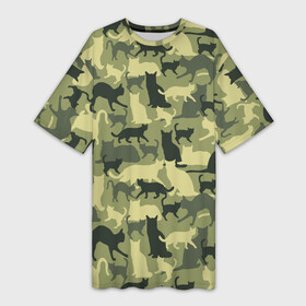 Платье-футболка 3D с принтом Кошачий камуфляж в зеленой гамме в Екатеринбурге,  |  | camouflage | камуфляж | коты | маскировка | паттерн