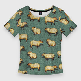 Женская футболка 3D Slim с принтом Капибары на траве в Екатеринбурге,  |  | Тематика изображения на принте: capybara | водосвинка | животные | капибара