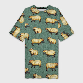Платье-футболка 3D с принтом Капибары на траве в Екатеринбурге,  |  | capybara | водосвинка | животные | капибара