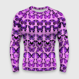 Мужской рашгард 3D с принтом Purple butterflies в Екатеринбурге,  |  | Тематика изображения на принте: background | beautiful | colorful | insect | pattern | wings | бабочки | красивый | красочные | крылья | насекомое | узор | фиолетовый | фон