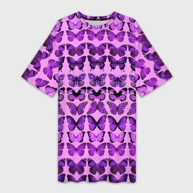 Платье-футболка 3D с принтом Purple butterflies в Екатеринбурге,  |  | background | beautiful | colorful | insect | pattern | wings | бабочки | красивый | красочные | крылья | насекомое | узор | фиолетовый | фон