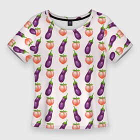 Женская футболка 3D Slim с принтом Баклажаны и персики паттерн в Екатеринбурге,  |  | баклажан | баклажаны | веганство | еда | овощи | паттерн | персик | персики | фрукты