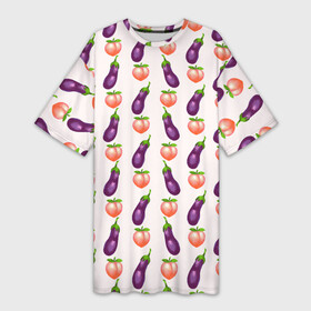 Платье-футболка 3D с принтом Баклажаны и персики паттерн в Екатеринбурге,  |  | Тематика изображения на принте: баклажан | баклажаны | веганство | еда | овощи | паттерн | персик | персики | фрукты