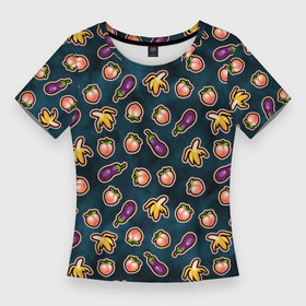 Женская футболка 3D Slim с принтом Баклажаны персики бананы паттерн в Екатеринбурге,  |  | баклажан | баклажаны | банан | бананы | веганство | еда | овощи | паттерн | персик | персики | фрукты
