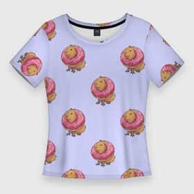 Женская футболка 3D Slim с принтом Капибара в пончике паттерн в Екатеринбурге,  |  | Тематика изображения на принте: capybara | kapibara | животное | капибара | пончик | пончики