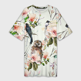 Платье-футболка 3D с принтом Цветы Нарисованные Магнолии и Птицы в Екатеринбурге,  |  | flowers | summer | букет | лето | магнолии | нарисованные | природа | птицы | растение | сад | садоводство | сова | совы | флора | цветы