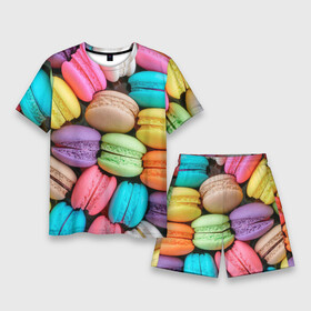 Мужской костюм с шортами 3D с принтом Цветные Макаруны в Екатеринбурге,  |  | macaroon | еда | макаруны | печеньки | сладости