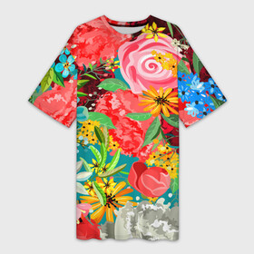 Платье-футболка 3D с принтом Multicolour of flowers в Екатеринбурге,  |  | beautiful | bright | colorful | floral | green | multicolored | pattern | pink | yellow | букет | желтый | зеленый | красивый | красный | красочный | листья | многоцветный | радуга | разноцветный | розовый | синий | узор | фиолетовый