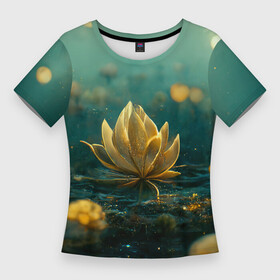 Женская футболка 3D Slim с принтом Золотой лотос в Екатеринбурге,  |  | dark | evening | flowers | golden | lake | lotus | mysterious | nature | night | petals | twinkles | water | вечер | вода | загадочный | золото | лепестки | лотос | ночь | огоньки | озеро | природа | темный | цветы