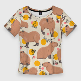 Женская футболка 3D Slim с принтом Милая капибару паттерн в Екатеринбурге,  |  | capybara | patern | pattern | водосвинка | грызун | грызуны | капибара | капибары | патерн | паттерн