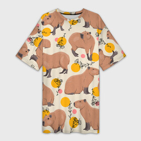 Платье-футболка 3D с принтом Милая капибару паттерн в Екатеринбурге,  |  | Тематика изображения на принте: capybara | patern | pattern | водосвинка | грызун | грызуны | капибара | капибары | патерн | паттерн