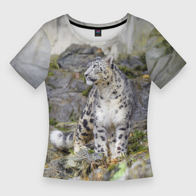 Женская футболка 3D Slim с принтом Снежный барс среди скал в Екатеринбурге,  |  | mountains | muzzle | nature | paws | rocks | snow leopard | tail | барс | горы | камни | лапы | природа | скалы | хвост