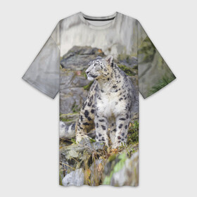 Платье-футболка 3D с принтом Снежный барс среди скал в Екатеринбурге,  |  | mountains | muzzle | nature | paws | rocks | snow leopard | tail | барс | горы | камни | лапы | природа | скалы | хвост