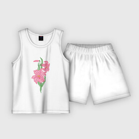 Детская пижама с шортами хлопок с принтом Розовая лилия в витражном стиле в Екатеринбурге,  |  | бутон | витраж | лилия | листья | розовый | стилизованный | цветок