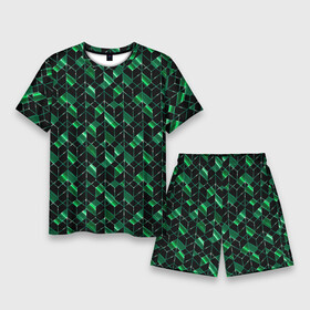 Мужской костюм с шортами 3D с принтом Геометрический узор, зеленые фигуры на черном в Екатеринбурге,  |  | abstract | black | geometric | geometric pattern | green | green and black | polygons | shapes | striped | stripes | абстрактный | геометрический | геометрический узор | зеленый | зеленый и черный | многоугольники | полосатый | полосы | фигуры