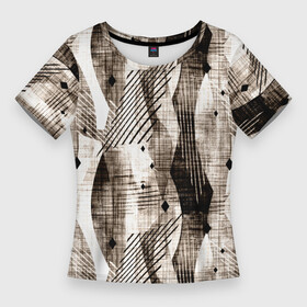 Женская футболка 3D Slim с принтом Абстрактный гранжевый коричнево бежевый в Екатеринбурге,  |  | abstract | black | brown | brown beige | fashiona | geometric | grunge | lines | mesh | shapes | striped | stripes | white | абстрактный | белый | геометрический | гранжевый | коричнево бежевый | коричневый | линии | модный | молодежный | полосатый