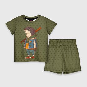 Детский костюм с шортами 3D с принтом Пацанчик с битой в Екатеринбурге,  |  | Тематика изображения на принте: бита | выдра | животное | звезды | пацанчик