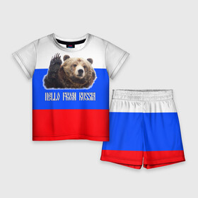Детский костюм с шортами 3D с принтом Привет из России  медведь и триколор в Екатеринбурге,  |  | hello from russia | медведь | мишка | патриот | привет | привет из россии | россия | триколор