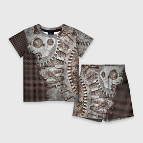 Детский костюм с шортами 3D с принтом Ржавые шестеренки на сетке в Екатеринбурге,  |  | armor | iron | metal | metal mesh | rust | rusty gears | броня | железо | металл | металлическая сетка | ржавчина | ржавые шестеренки