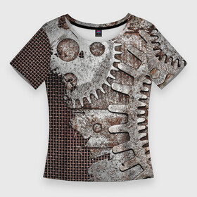 Женская футболка 3D Slim с принтом Ржавые шестеренки на сетке в Екатеринбурге,  |  | armor | iron | metal | metal mesh | rust | rusty gears | броня | железо | металл | металлическая сетка | ржавчина | ржавые шестеренки